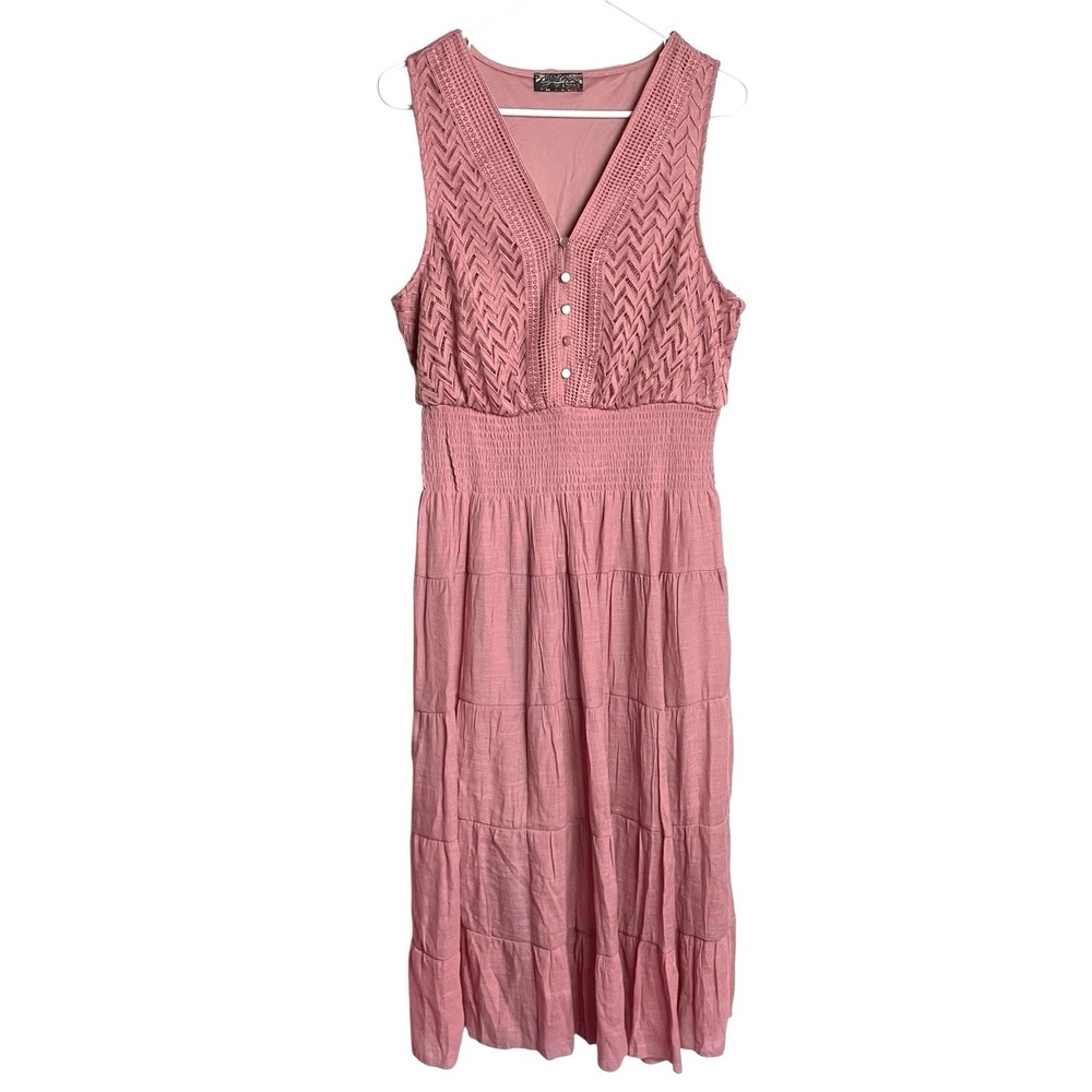 J Gee Tiered‎ Gauzy Dress Womens M Pink Embroidered Sleeveless Smocked Midi